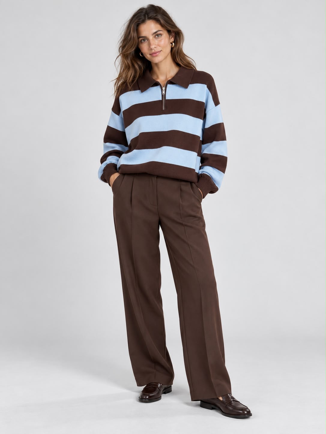 PULL POLO MILA RAYÉ MARRON ET BLEU CIEL