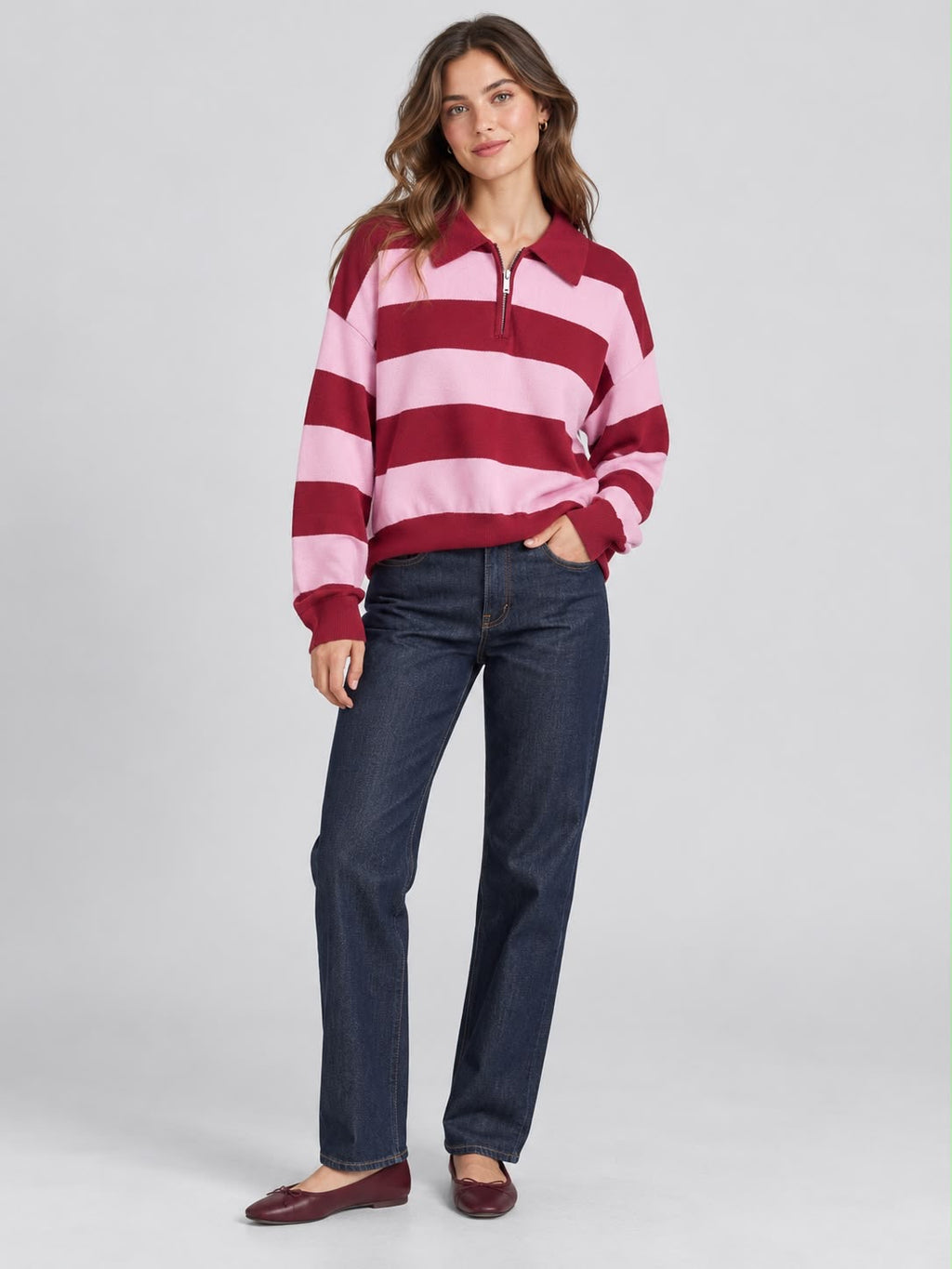 PULL POLO MILA RAYÉ ROSE ET BORDEAUX