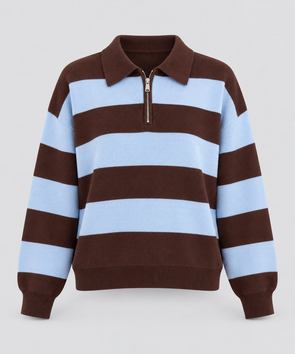PULL POLO MILA RAYÉ MARRON ET BLEU CIEL